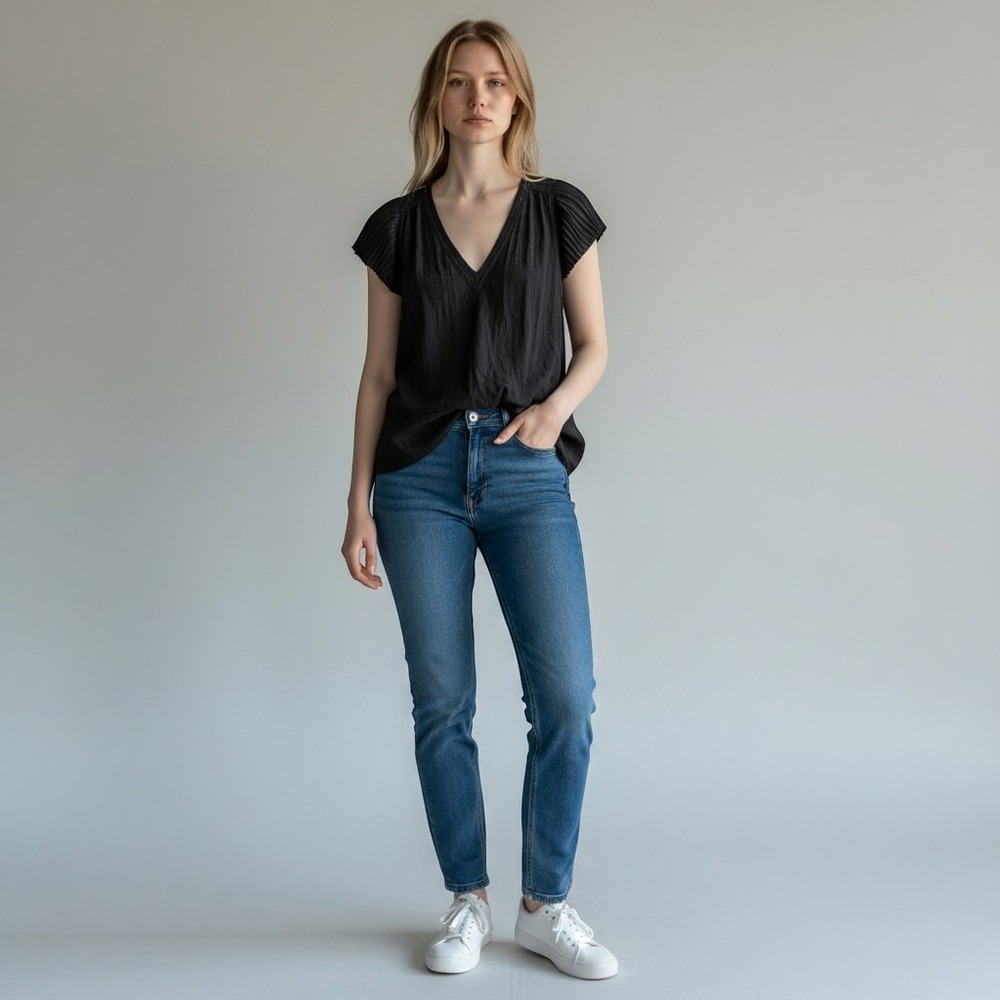 Ramy Brook Black Pleated Flutter Sleeve V-Neck Blouse Top Small‎